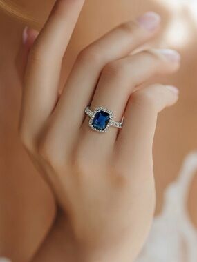 Tibetan Silver stamped .925 stimulated sapphire 6x8mm zirconia halo 7.5 8‎ 8